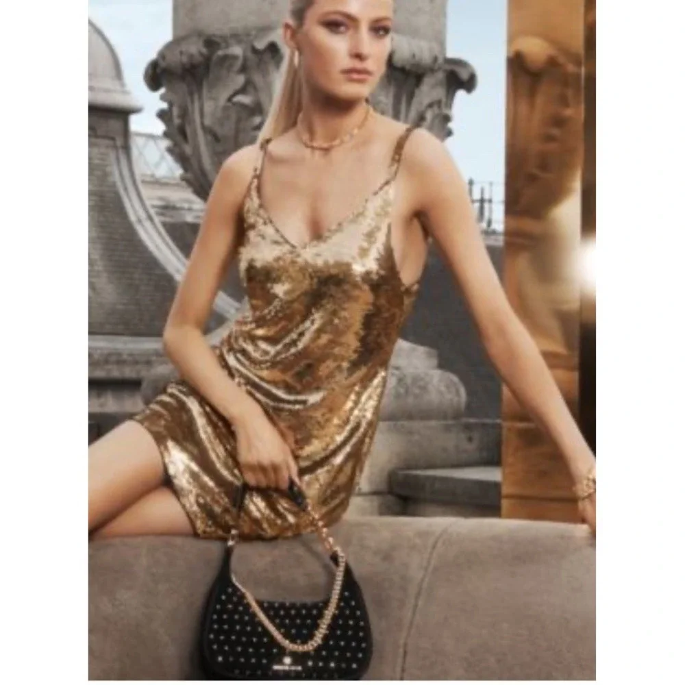 NWT $275 MICHAEL KORS‎ Gold Sequin Mini Dress L Spaghetti Strap Cocktail Tank